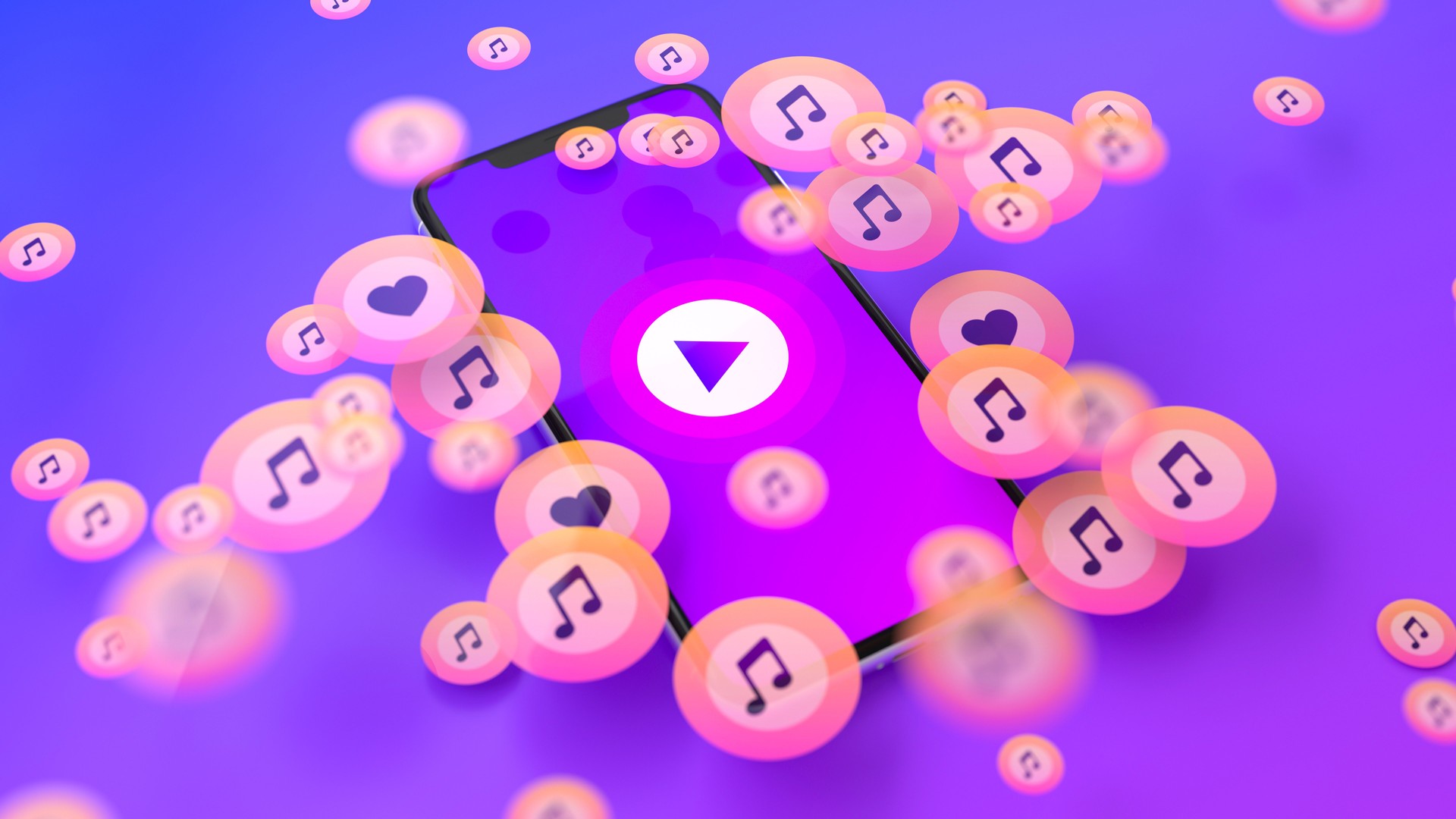 Music Streaming Concept: Smartphone Surrounded by Floating Music Notes and Hearts, Glowing Pink Bubbles, and Neon Play Button on a Vibrant Purple Background in 3D Render